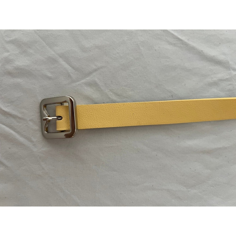 Womens Skinny Yellow Faux Leather Belt Silver Square Buckle Grommet Detail - Picture 2 of 7